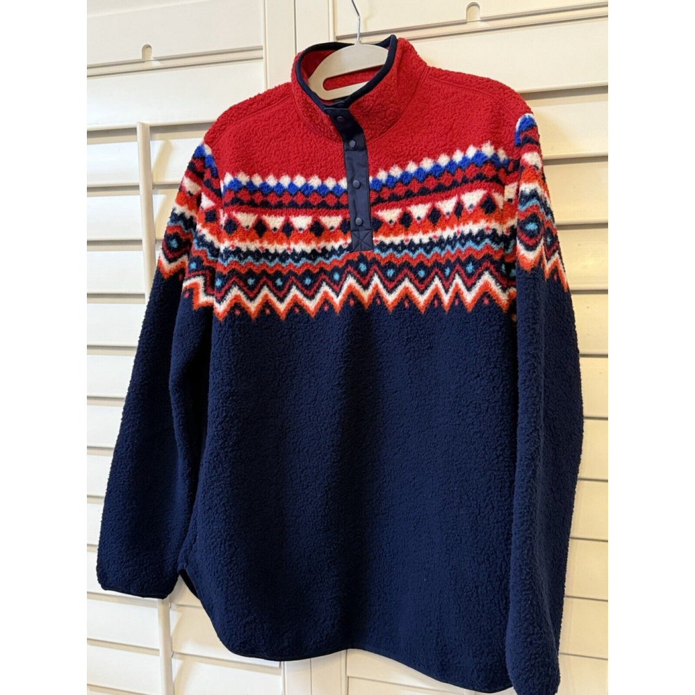 New Lands’ End Women’s Navy Red Polar Fleece Snap Neck Pullover M